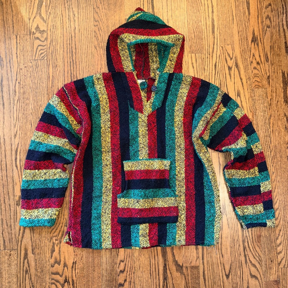 Chavitos Mexican Baja Hoodie Striped Jerga Pullover Size L Multicolor Jamaican